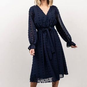 Baltic Born navy blue long sleeved midi dress with polka dot details. S: Large.